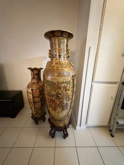 Two Large Vintage Asian Floor Vases with Wooden Stands – $600 OBO