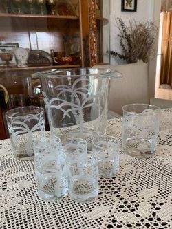 Rolf vintage etched ice bucket, glassware set, palm tree design