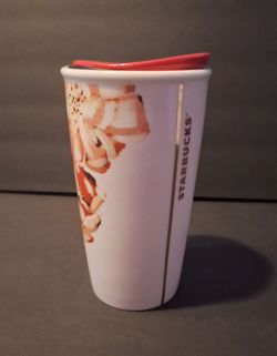 Starbucks 2018 Ceramic Travel Mug Red Pink Rose Floral 10oz