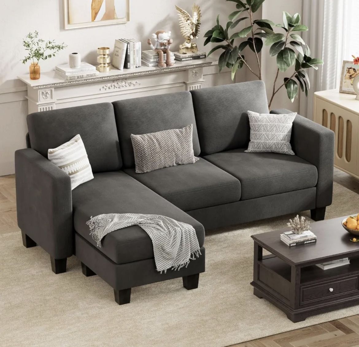 Convertible Sectional Sofa,3 Seat L-Shaped Sofa with Linen Fabric,Movable Ottoman