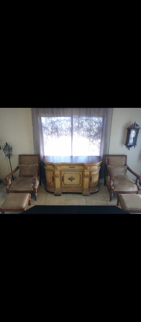 Antique Buffet / Credenza + Matching Set Of Oversized Arm Chairs