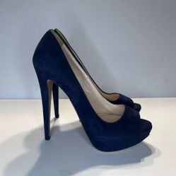 Prada 38.5 US 8.5 Navy Blue Suede 5.5 heel open toe pump 