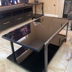 1 Black Glass Coffee Table And 1 Black Glass Side Table