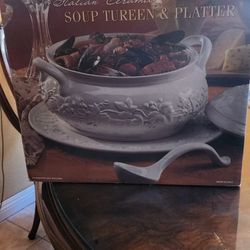 Large Italian Ceramic Soup Terrine With Platter With Ladel 
