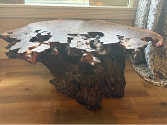 Coffee table Northern redwood burl live edge with intricate stump base very heavy