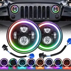 Pair 7'' RGB LED Halo Headlights DRL Lights Selection through cellphone app. Kit for Jeep Wrangler JK TJ LJ