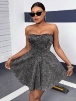 New! Black Denim Strapless Mini Dress Corset Style Bodice Flared Skirt Sizes 0XL and 1XL