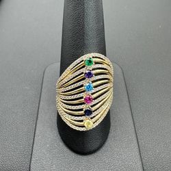 14k yellow solid gold Multi-Colored Cocktail Gem stones Ring sz 11 5.3 grams