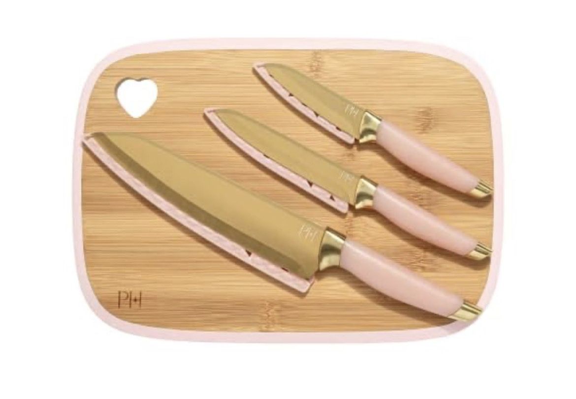 Paris Hilton Reversible Bamboo Cutting Board and Cutlery Set with 8", Pink Gold 7 pieces