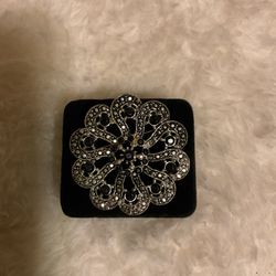 Vintage Silver Tone Brooch With Black Rhinestones And Diamond Cuts