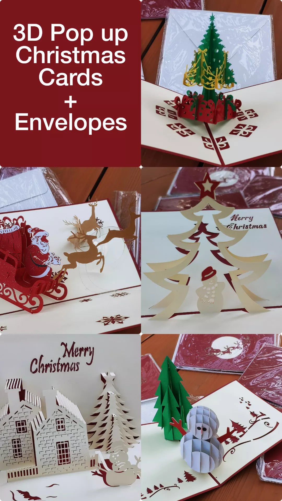 BRAND NEW Designer 3D Pop up Christmas Cards + Envelopes Xmas 3D Cutout Cards Christmas Tree Snowman Santa Sleigh with reindeer winter wonderland gift