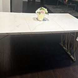 Marble-Top Dining Table with Gold Designer Base – Moving Sale!