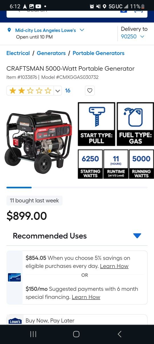 CRAFTSMAN 5000-Watt Portable Generator