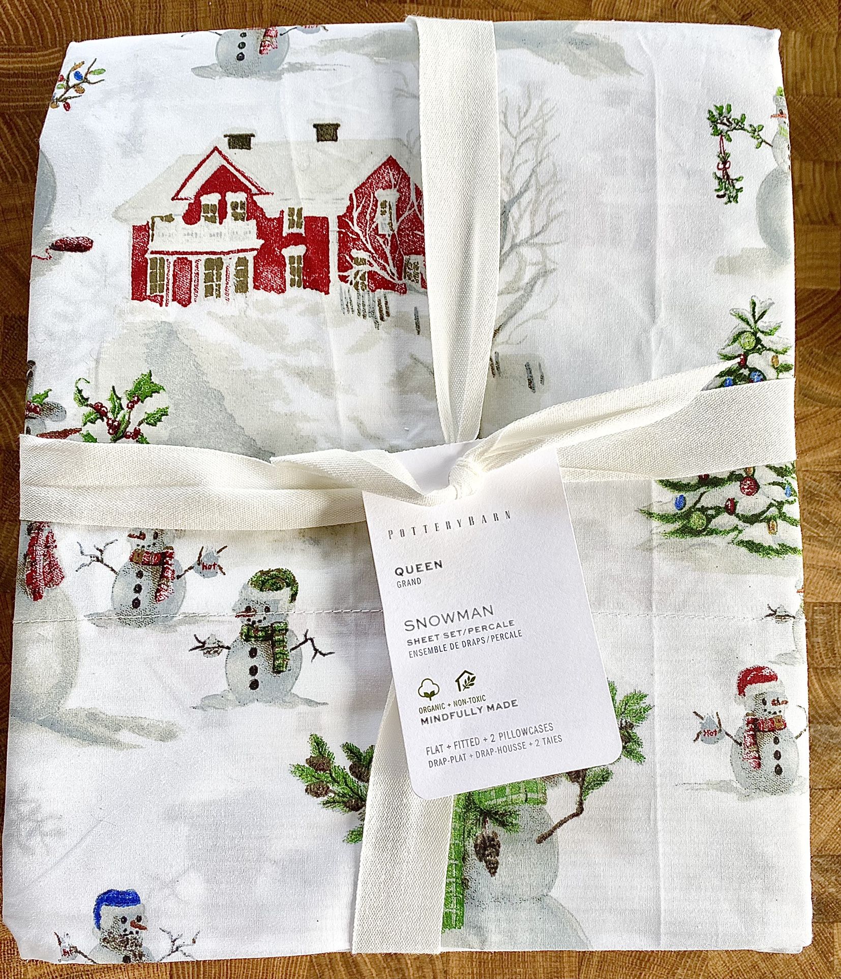 Pottery Barn Queen Snowman Organic Percale Sheet Set, NWT *Reduced