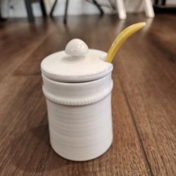 Pottery Barn Gabriella sugar bowl, white ceramic jar lid and a distinct yellow spoon, good condition