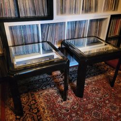 Vintage Hollywood Regency 80s Art deco Gold Lacquer Black Side Tables