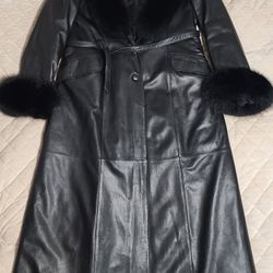 Women's Long Leather Coat Black Size XXL Used