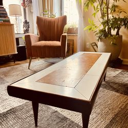 Mid-Century Modern Rectangular Walnut Coffee Table with Cream Tile Inset