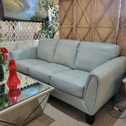 Top-Grain Leather Light Blue Sofa Mid-Century Modern