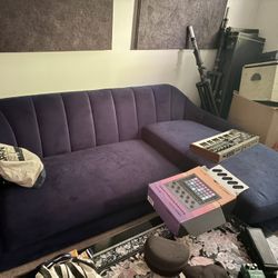 Small Navy Blue Velvet Couch + Ottoman 