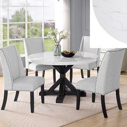 Dining Set 5 Pc Faux Marble Tabletop, Black Wood Finish, Nailhead Trim Accent, Light Grey Fabric, Solid Wood, Others. 54"dia X30"h. New Especial Price