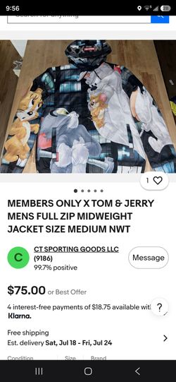 MEMBERS ONLY X TOM & JERRY MENS FULL ZIP MIDWEIGHT JACKET SIZE MEDIUM NWTmg