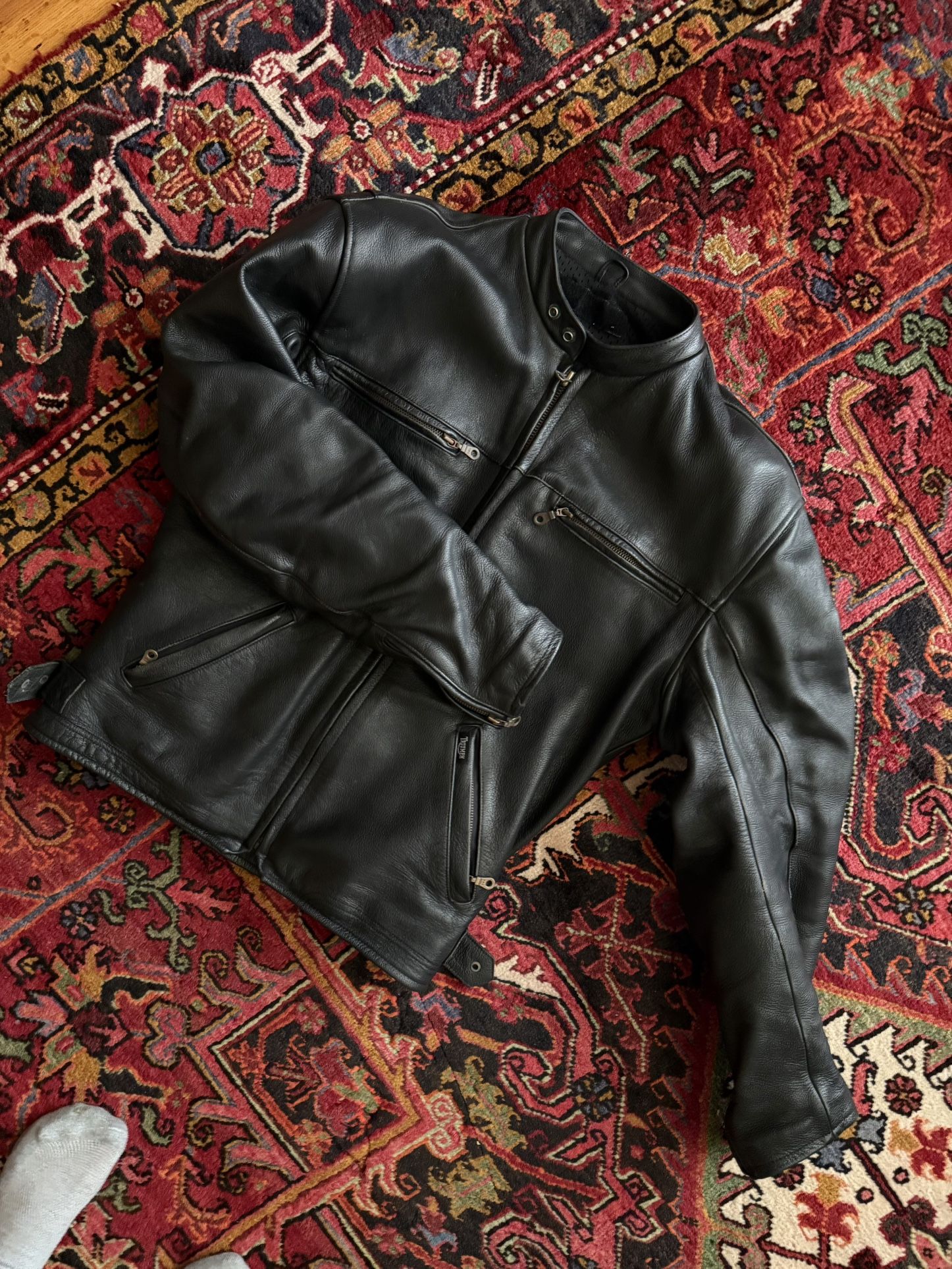 Triumph, Triple Collection Armored Perforated, Racing Motorcycle, Leather Jacket, Black