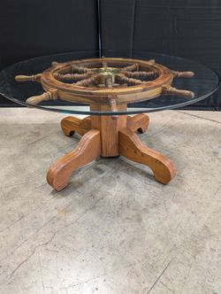 Nautical Ship's Wheel Wood and Glass Coffee Table