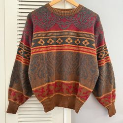 Vintage 90’s Michael Gerald Fair Isle Geometric Brown Burgundy Knit Sweater Sz Small