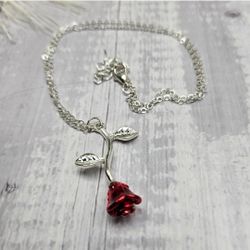 Red rose charm silver necklace pendant Valentine chain adjusts from 18" to 20"