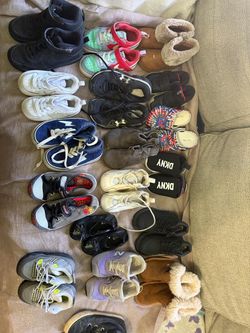 18 pair of shoes for toddlers. There are some for boys and some for girls. Many different sizes. The smallest size is a 6C and the biggest size is a s