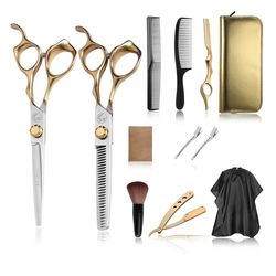 12 Piece Hair Cutting Kit with Stainless Steel Scissors,Shears, Thinning Shears, Cape, Comb, Duster, Case & Clips, Gold & Silver *NEW in Plastic*
