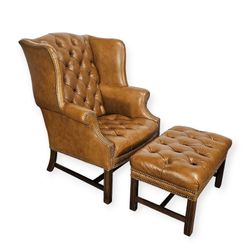 Leather Chesterfield Tufted Wingback Chaor With Ottoman 