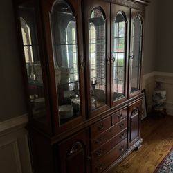 Beautiful Stanley Solid Cherry Wood, China Cabinet With Dimmer Lighting And Adjustable Glass Shelves, And Storage!