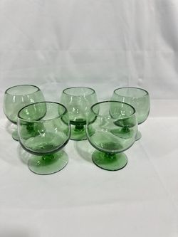 #52 Vintage Art Glass Handblown Green Pedestal Wine Glass Mexico 6” Set Of 5