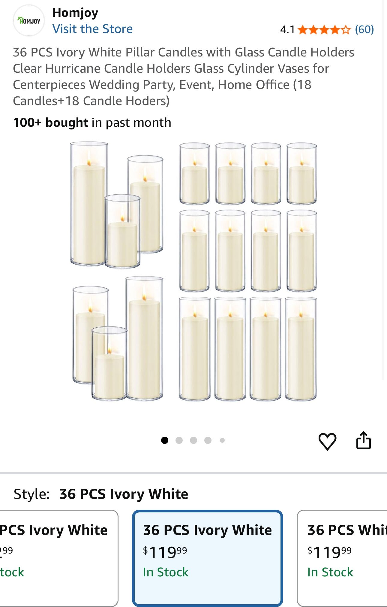 36 PCS Ivory White Pillar Candles with Glass Candle Holders Clear Hurricane Candle Holders Glass Cylinder Vases for Centerpieces Wedding Party, Event,