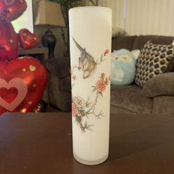 Made in Italy Norleans Vintage About 9 1/2 Inches Height Title: Elegant Norleans Vintage Satin Art Glass Vase with Bird and Floral Design.