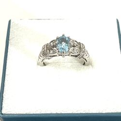 Brand New One Of A Kind .925 Silver Ring With Oval Shape Aquamarine & (4) Cubic Zirconia C Diamonds. Size 9 
