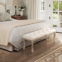 Tufted Upholstered Bench with Carved Wood Legs