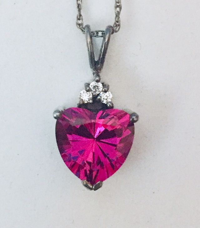 QVC Hot Pink Heart CZ DQ  Sterling Silver 3 Clear Stones 18” Chain