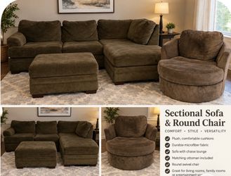 Large Sectional, Chaise Matching Oversized Ottoman Cozy Round Swivel Chair $225 open to reasonable offers