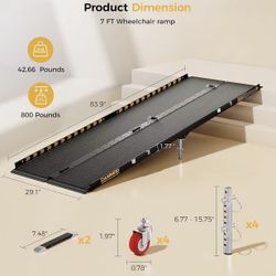 🥨7 FT Portable Wheelchair Ramp-800LBS Heavy-Duty, High-Strength Aluminum Alloy with 4 Adjustable Legs, 4 Wheels, Triple Anti-Slip and Seamless Design