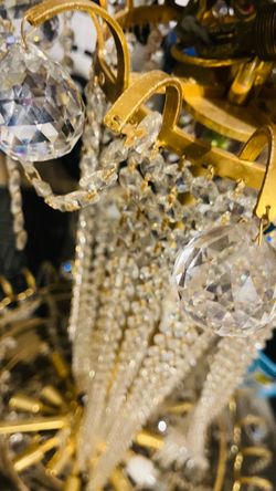 Gold Crystal Chandelier with Hanging Prisms