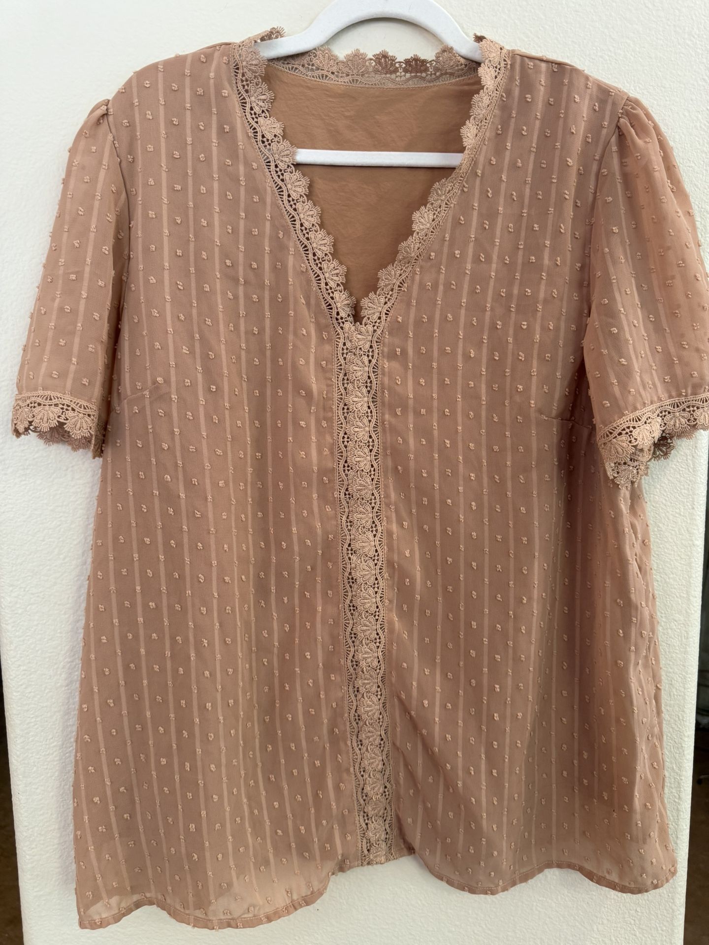 Top with Ruffled Accents, Polka Dotted with V-Neck, Dusty Rose. Size XL- NEW