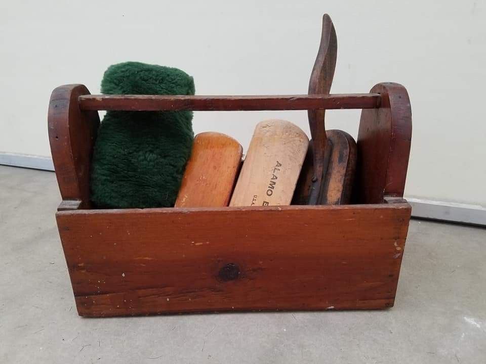 Vintage Shoeshine Kit. Wood Box with Handle, Brushes and Buffer. Great Condition.
