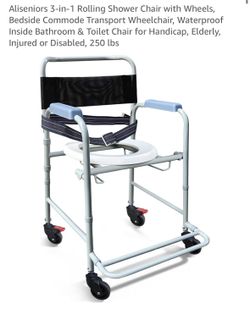 3-in-1 Rolling Shower Chair with Wheels, Bedside Commode Transport Wheelchair NEW