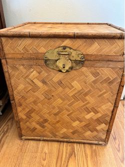 Vintage  Bamboo and Herringbone Wicker Chest, Night Stand , End Table , Storage
