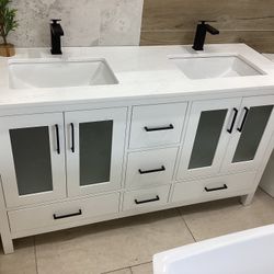 60” Bathroom Vanity Cabinet New Solid Wood Fully Assembled Softclose Drawers Doors Quartz Top 2 Sinks Ready For Pick Up Today