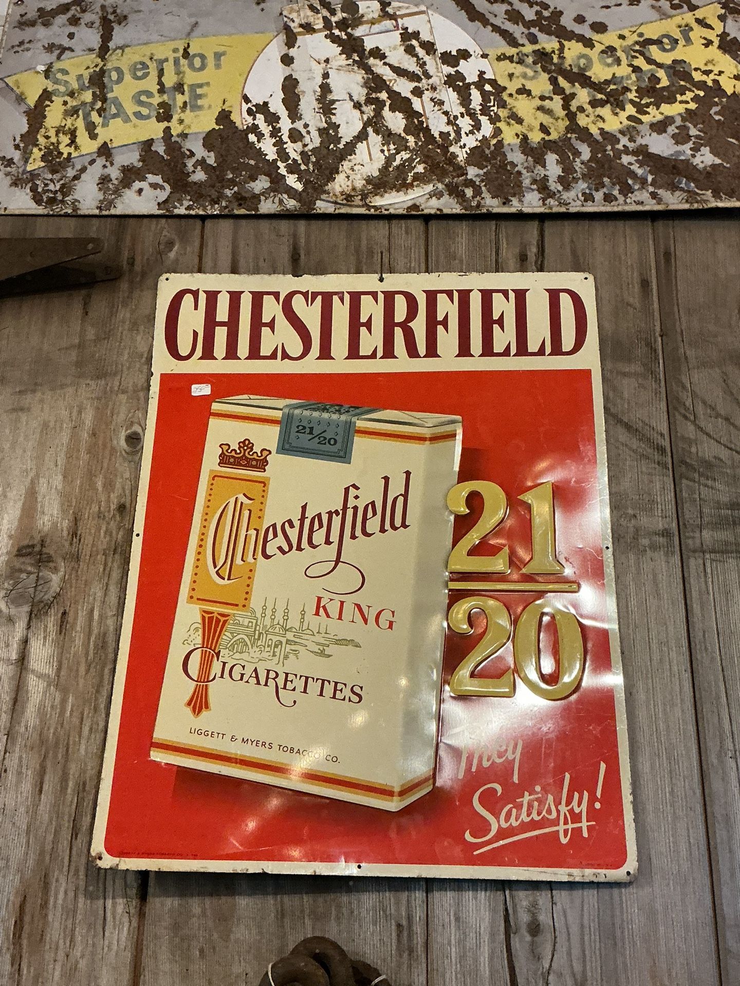 Antique chesterfield cigarette 21/20 ad metal sign