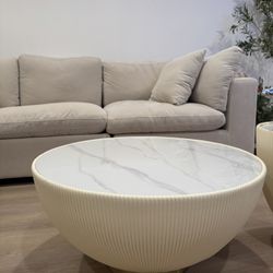 Cream Leather And marble Coffee Table Set of 2